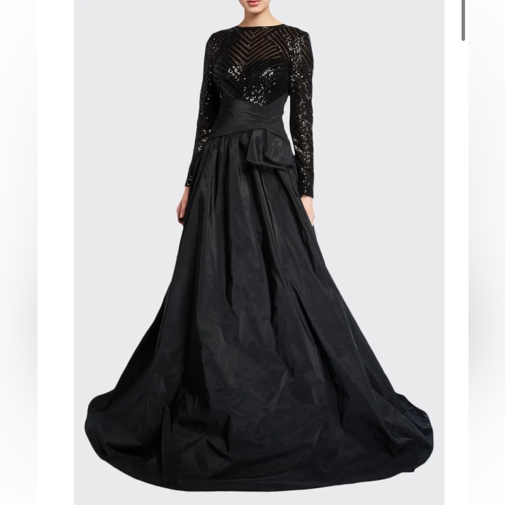Teri Jon Black Long Sleeve Sequin Bodice Ball Gown
